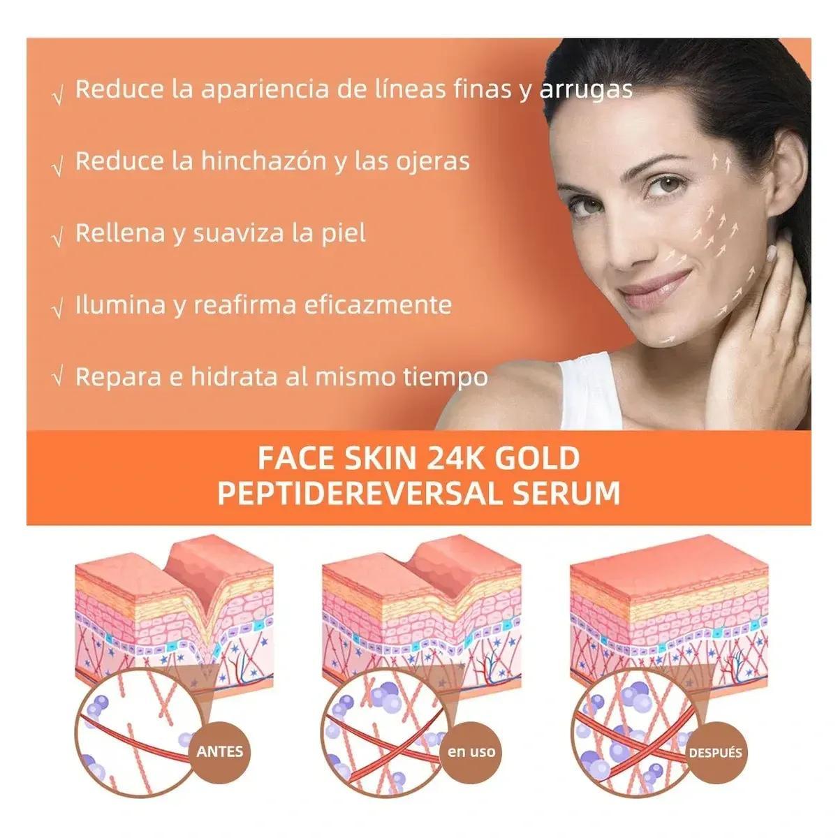 Sérum facial antiarrugas con péptidos y partículas de oro 24K, efecto relleno, hidratación profunda, reafirma y rejuvenece rostro y cuello – 120ml