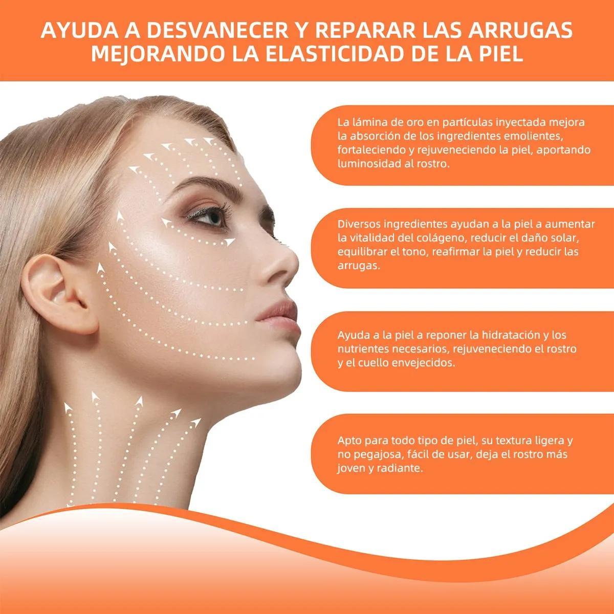 Sérum facial antiarrugas con péptidos y partículas de oro 24K, efecto relleno, hidratación profunda, reafirma y rejuvenece rostro y cuello – 120ml