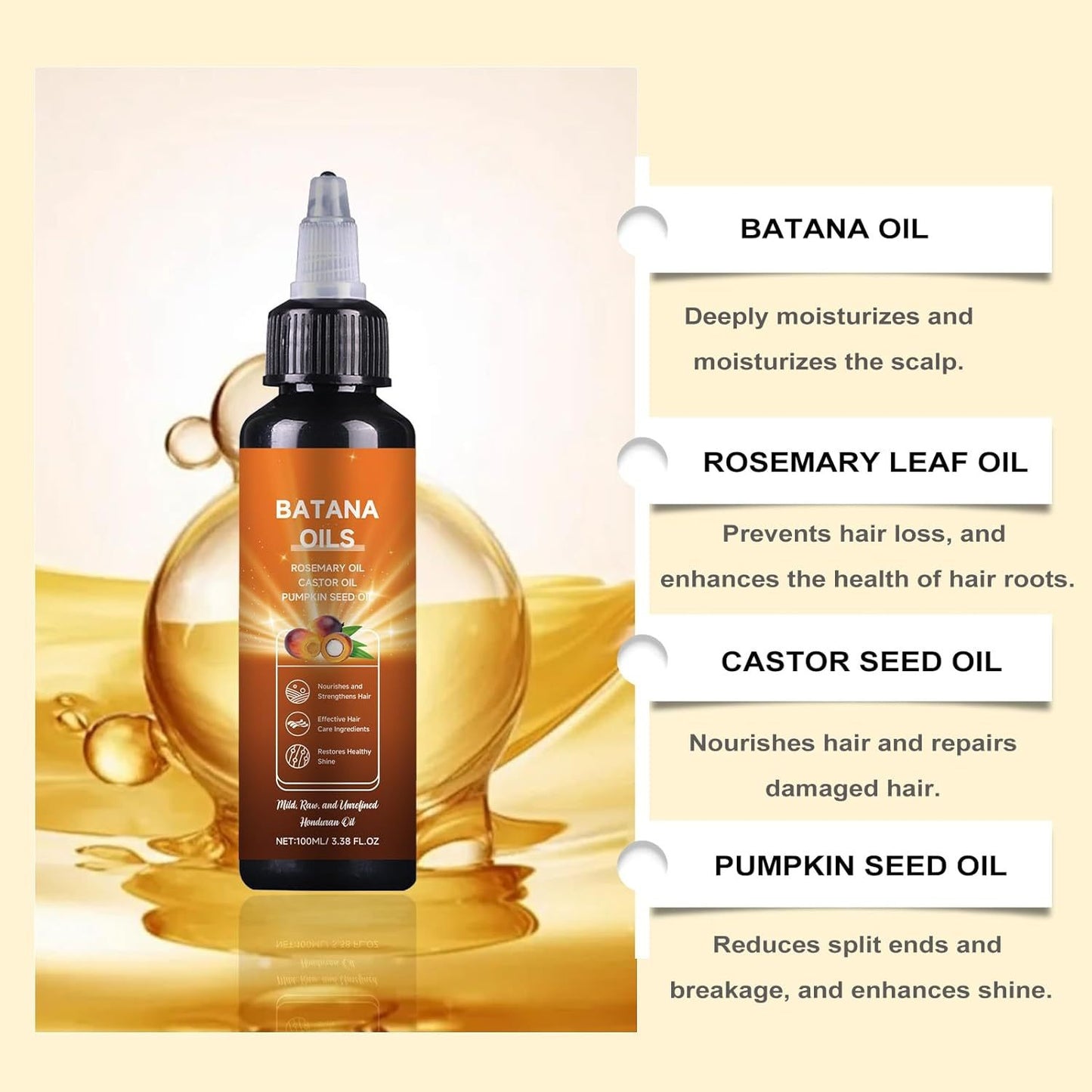 Aceite de batana para el crecimiento del cabello, fórmula líquida 4 en 1, aceite de semillas de romero, ricino y calabaza, fortalece, nutre el cabello dañado, regeneración natural del cabello para adelgazar el cabello