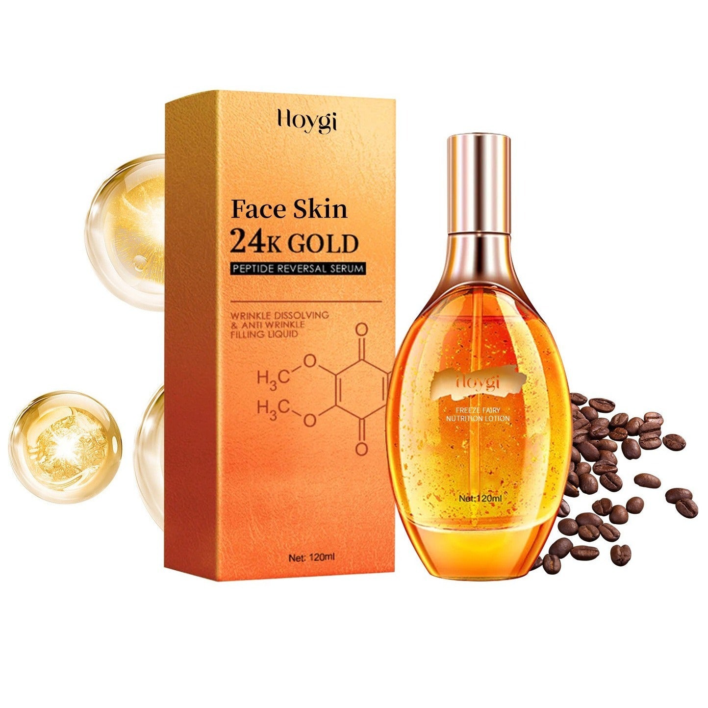 Sérum facial antiarrugas con péptidos y partículas de oro 24K, efecto relleno, hidratación profunda, reafirma y rejuvenece rostro y cuello – 120ml